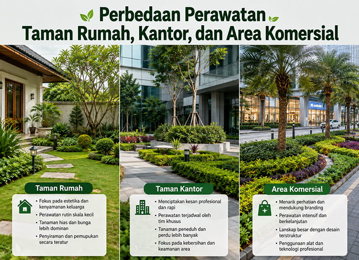 Perbedaan Perawatan Taman Rumah, Kantor, dan Area Komersial